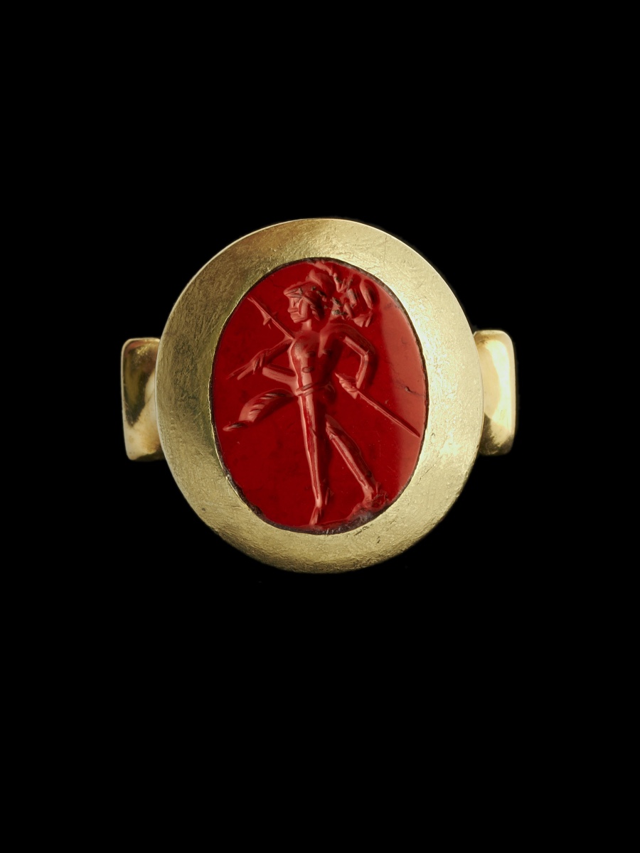 A High Carat Gold Ring Set With A Roman Red Jasper Intaglio. Mars Gradivus