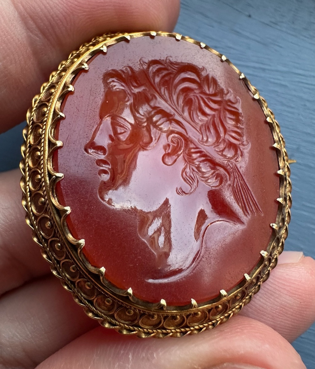 19th Century Gold Brooch Set With An Intaglio On Carnelian.  Hellenistic Ruler-photo-2