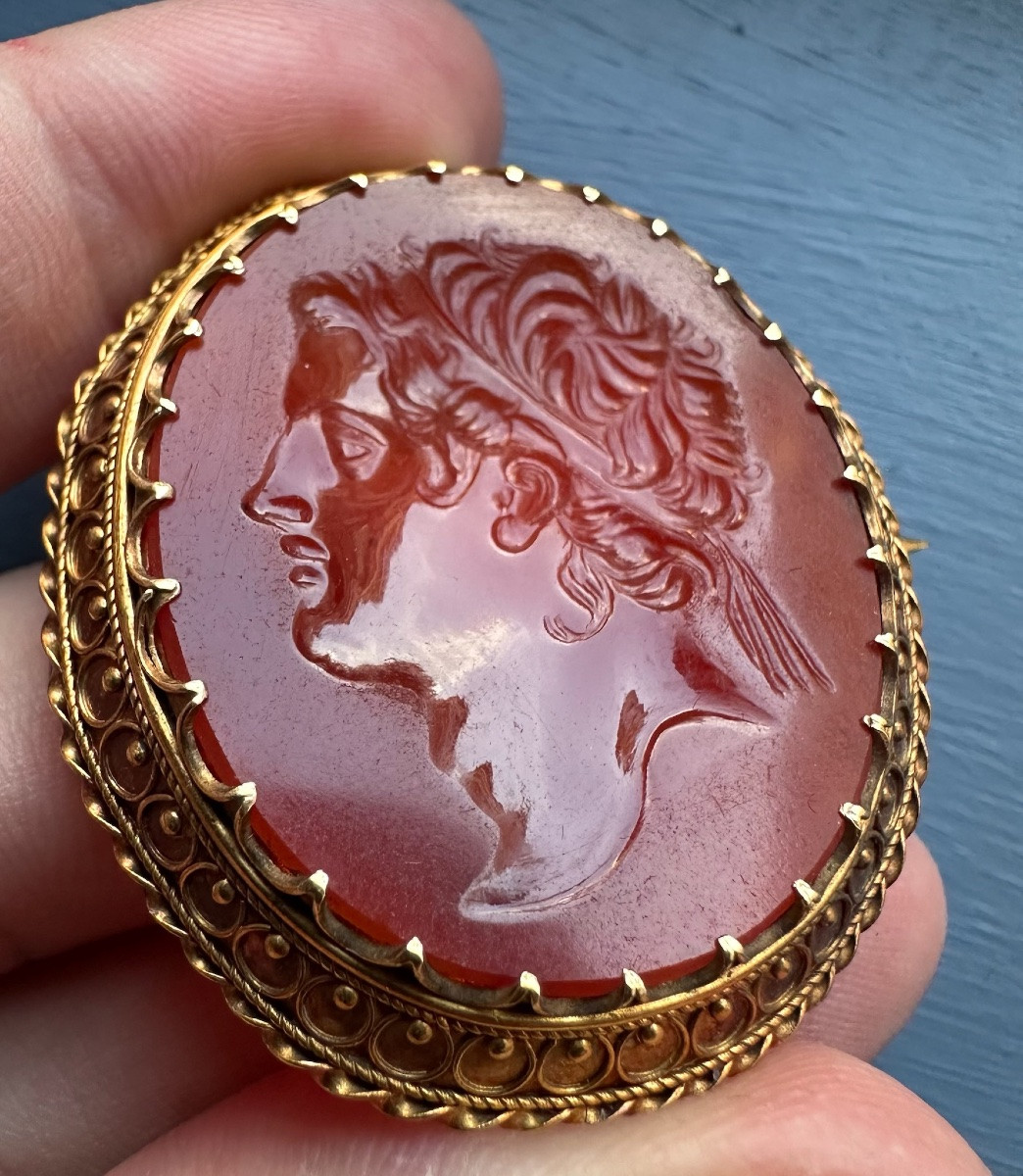 19th Century Gold Brooch Set With An Intaglio On Carnelian.  Hellenistic Ruler-photo-3