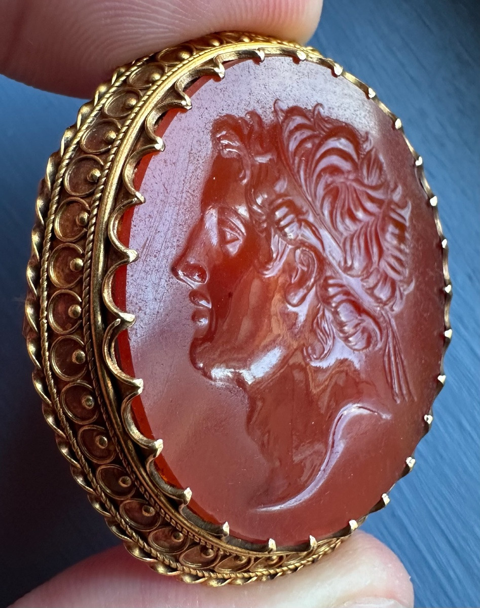 19th Century Gold Brooch Set With An Intaglio On Carnelian.  Hellenistic Ruler-photo-2