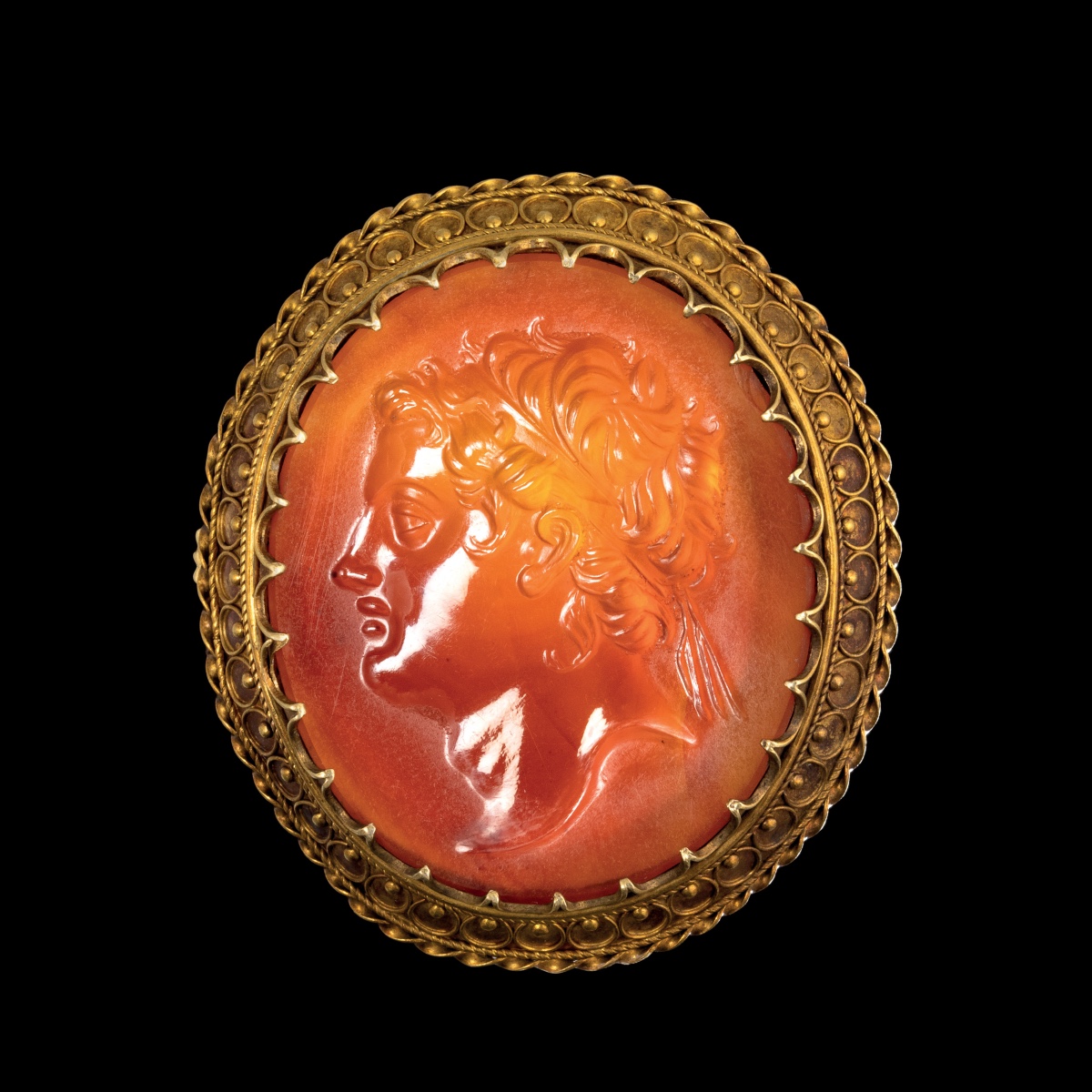 19th Century Gold Brooch Set With An Intaglio On Carnelian.  Hellenistic Ruler