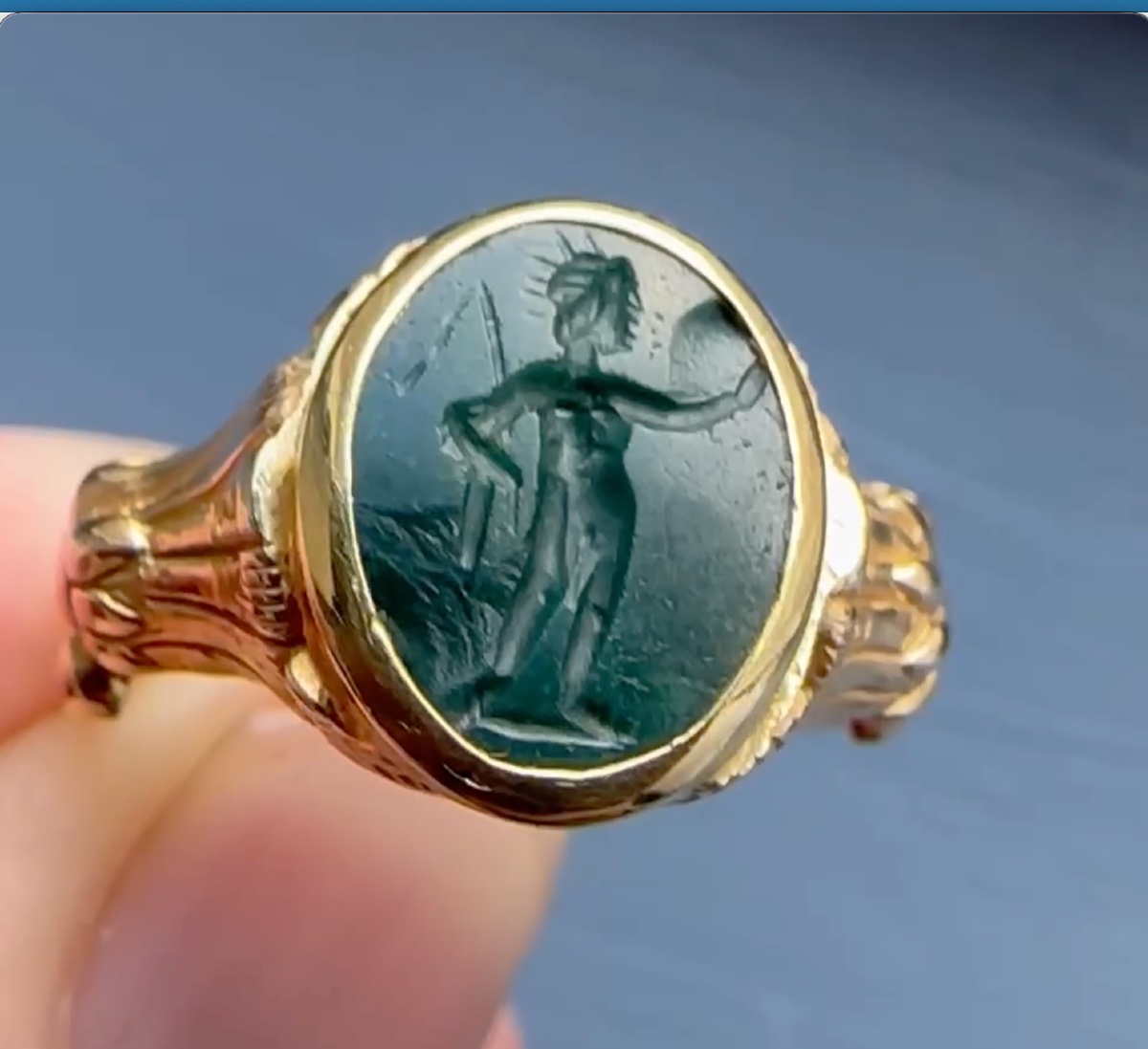 A Gold Ring Set With A Roman Green Jasper Intaglio. Helios.-photo-2
