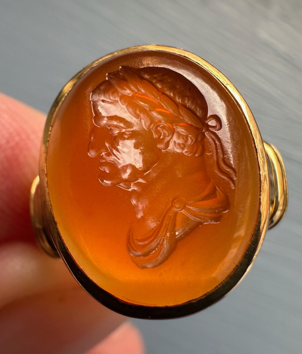 Gold Ring Set With An 18th-century Intaglio On Carnelian. Bust Of Emperor Galba (r. 68-69 )-photo-2