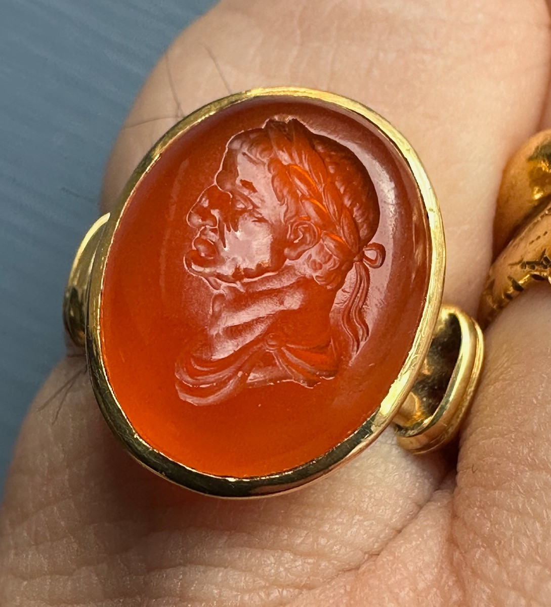 Gold Ring Set With An 18th-century Intaglio On Carnelian. Bust Of Emperor Galba (r. 68-69 )-photo-4