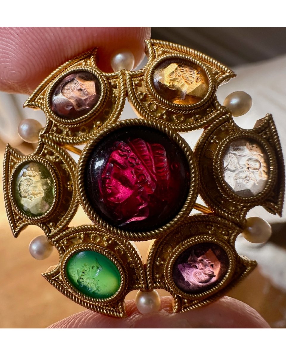 Attributed To Robert Phillips. 19th-century Etruscan Revival Gold Brooch Set With Intaglios And Pearls-photo-2
