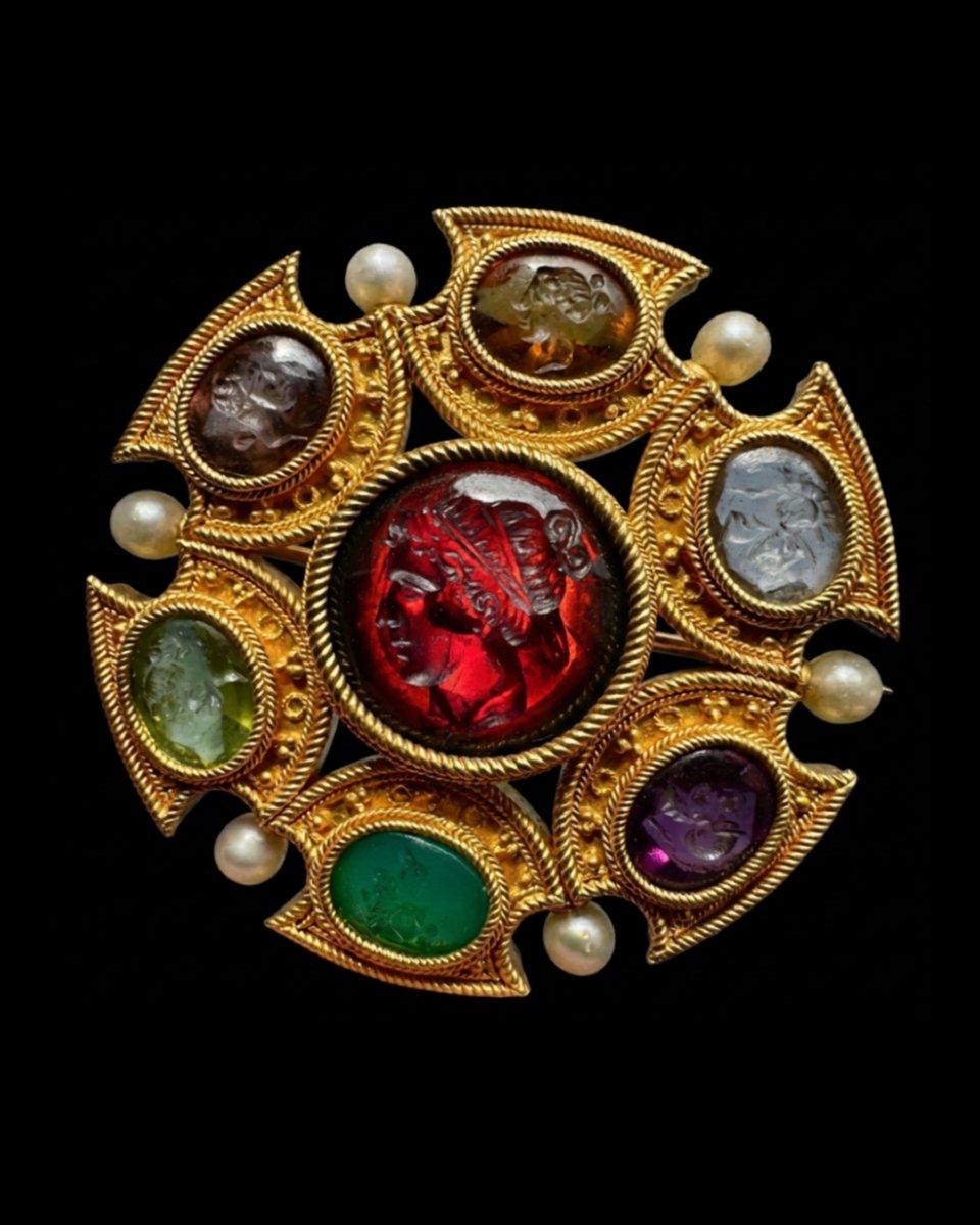 Attributed To Robert Phillips. 19th-century Etruscan Revival Gold Brooch Set With Intaglios And Pearls