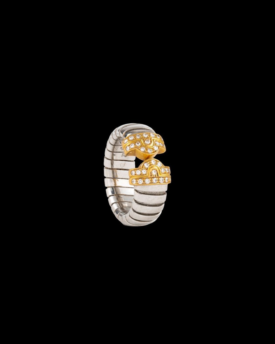 Bulgari, bague « Parentesi Tubogas » bicolore, diamants, vintage-photo-2