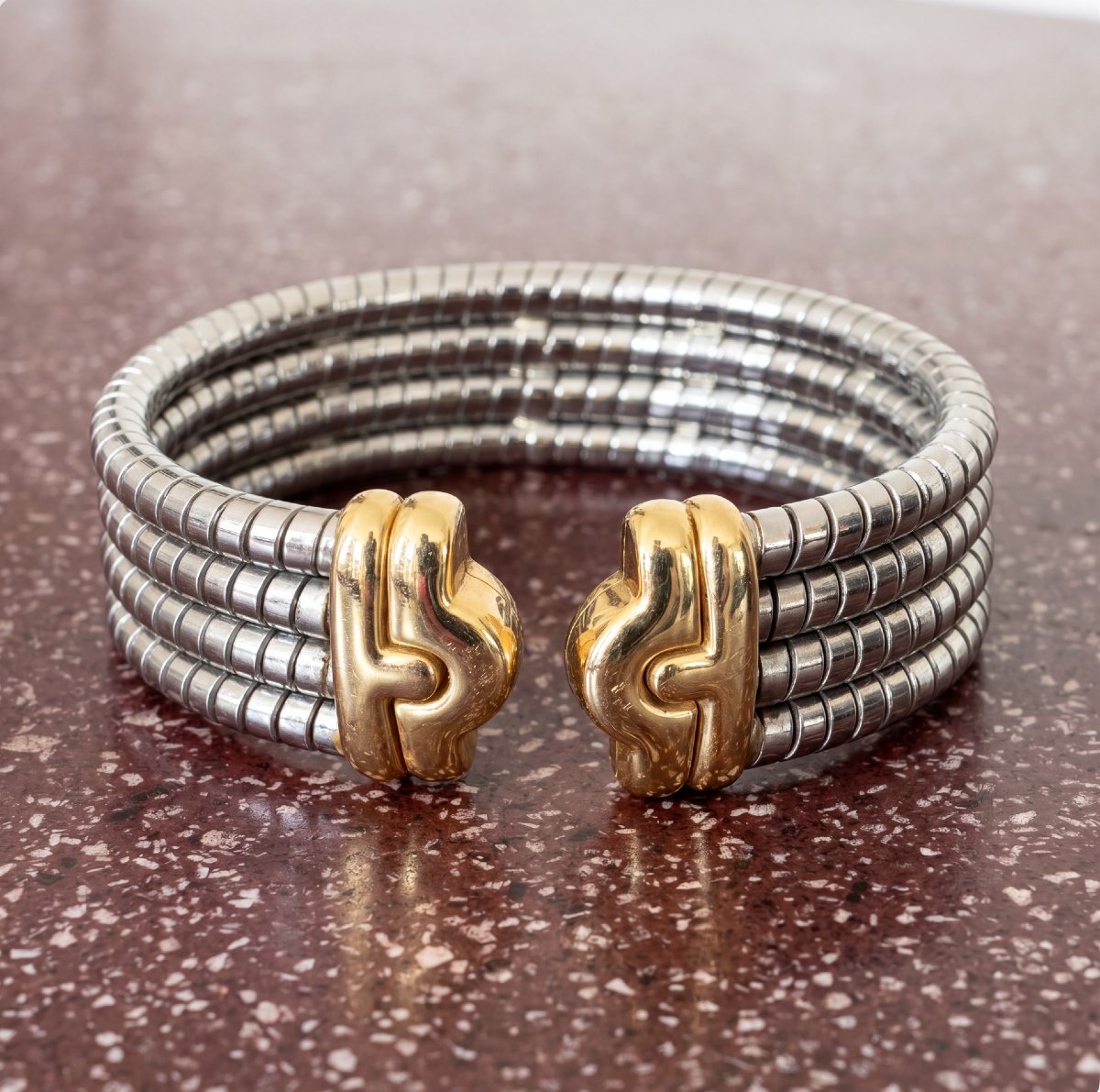 Bulgari, manchette « Parentesi Tubogas » bicolore, vintage