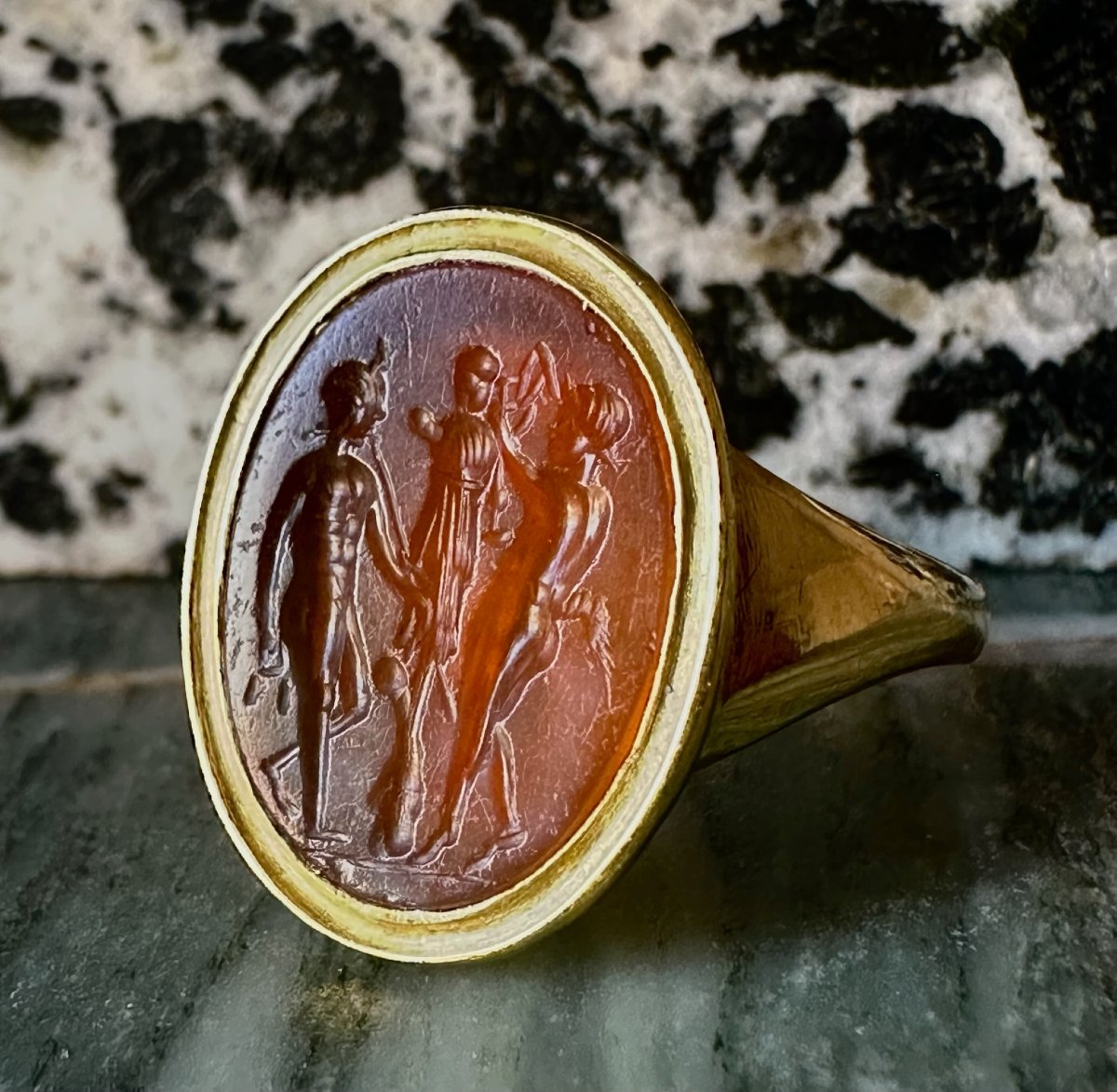 A Gold Ring Set With A Roman Carnelian Intaglio. Two Satyrs Crowning A Trophy.-photo-4