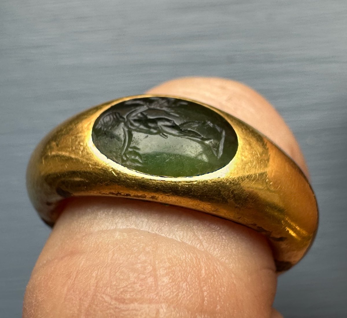 Roman Ring Made Of Gold And Green Chalcedony. Satyr With Dionysian Attributes.-photo-4