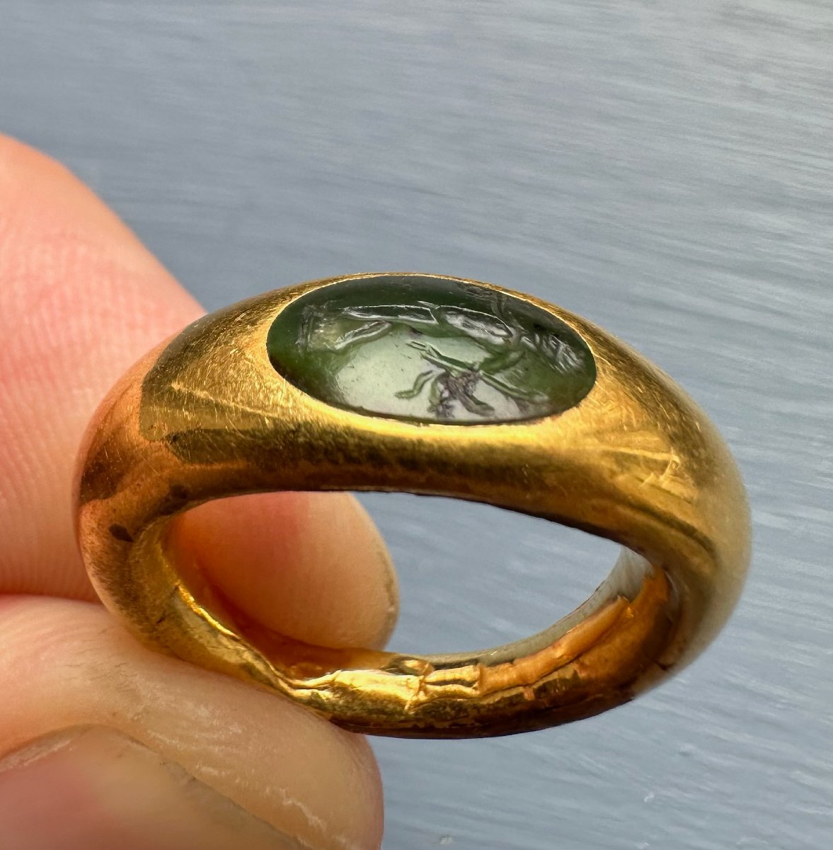 Roman Ring Made Of Gold And Green Chalcedony. Satyr With Dionysian Attributes.-photo-1