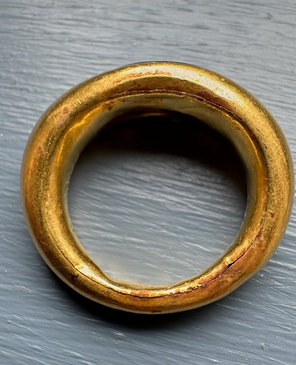 Roman Ring Made Of Gold And Green Chalcedony. Satyr With Dionysian Attributes.-photo-2