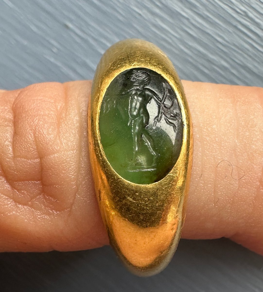 Roman Ring Made Of Gold And Green Chalcedony. Satyr With Dionysian Attributes.