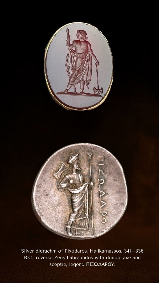 Intaille néoclassique en cornaline montée sur une bague en or 18 carats. Zeus Labraundos-photo-4