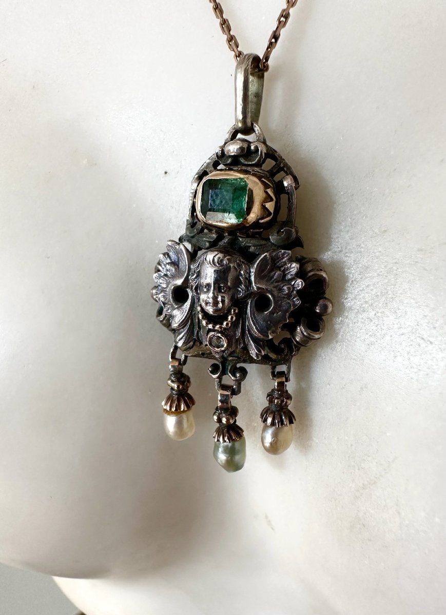 Neo-renaissance Pendant Featuring A Cherub, Made Of Silver, Emerald, Diamond, And Pearls