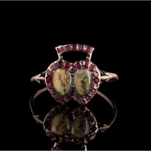 A Georgian/early 19th Century Gold Double Heart Ring — Moss Agate And Rubies