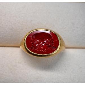 A 22ct Gold Ring Set With A Roman Intaglio On Red Jasper. Gryllos.