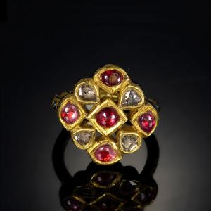 A 20th Century Indian Gold And Enamel Ring With Foiled Diamonds & Rubies.