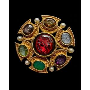 Attributed To Robert Phillips. 19th-century Etruscan Revival Gold Brooch Set With Intaglios And Pearls