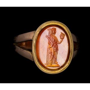 19th-century Gold Ring Set With A Roman Intaglio On Carnelian. Melpomene, Muse Of Tragedy