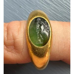 Roman Ring Made Of Gold And Green Chalcedony. Satyr With Dionysian Attributes.