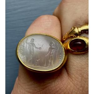 A 22-karat Solid Gold Ring Set With A Large Roman Intaglio On Chalcedony. Jupiter And Mars.