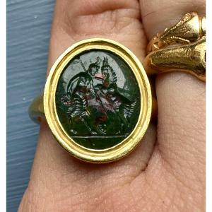 Ring With A Renaissance-era Or Earlier Intaglio On Heliotrope Jasper. Satyr And Goat.