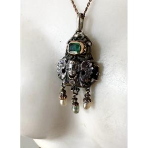 Neo-renaissance Pendant Featuring A Cherub, Made Of Silver, Emerald, Diamond, And Pearls