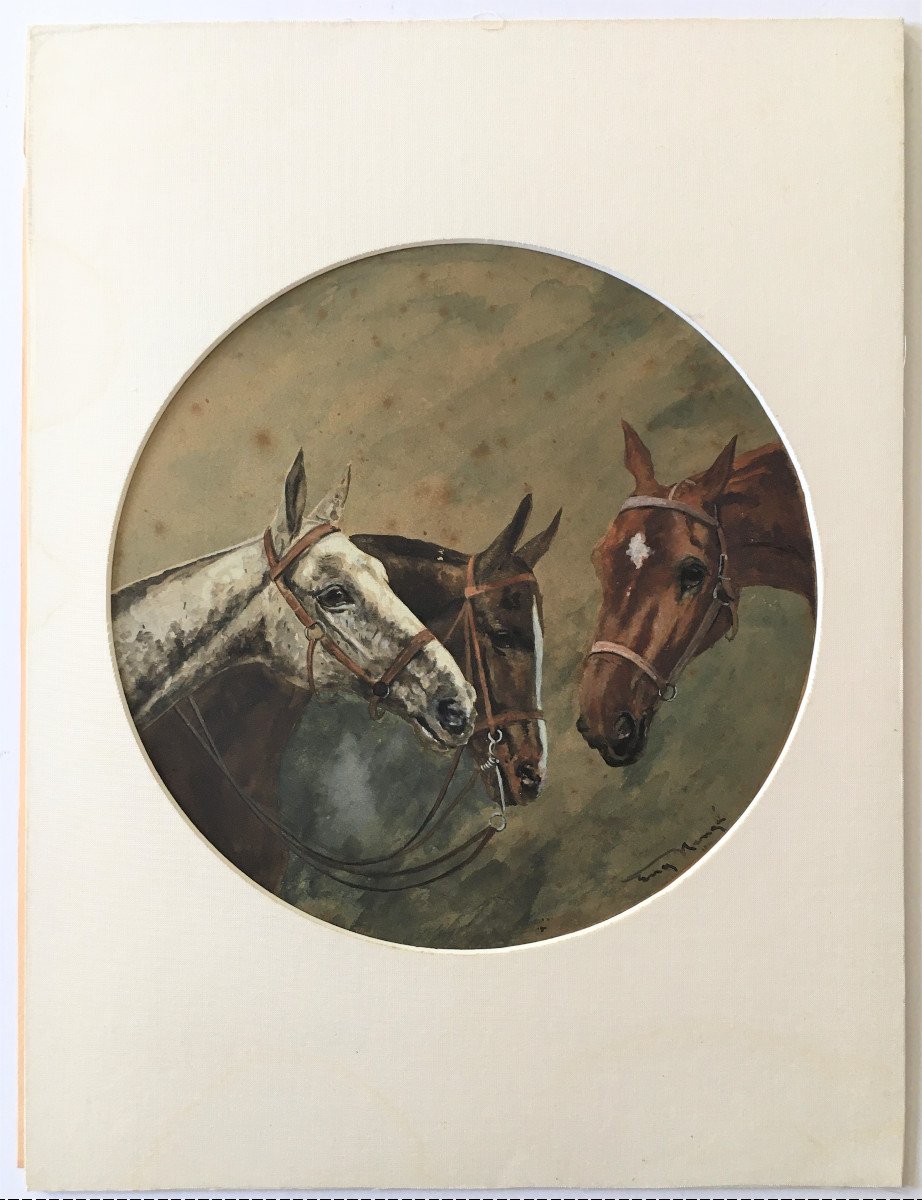 Watercolor Three Portraits Of Horses, Signature To Be Identified, Late 19th Early 20th-photo-2