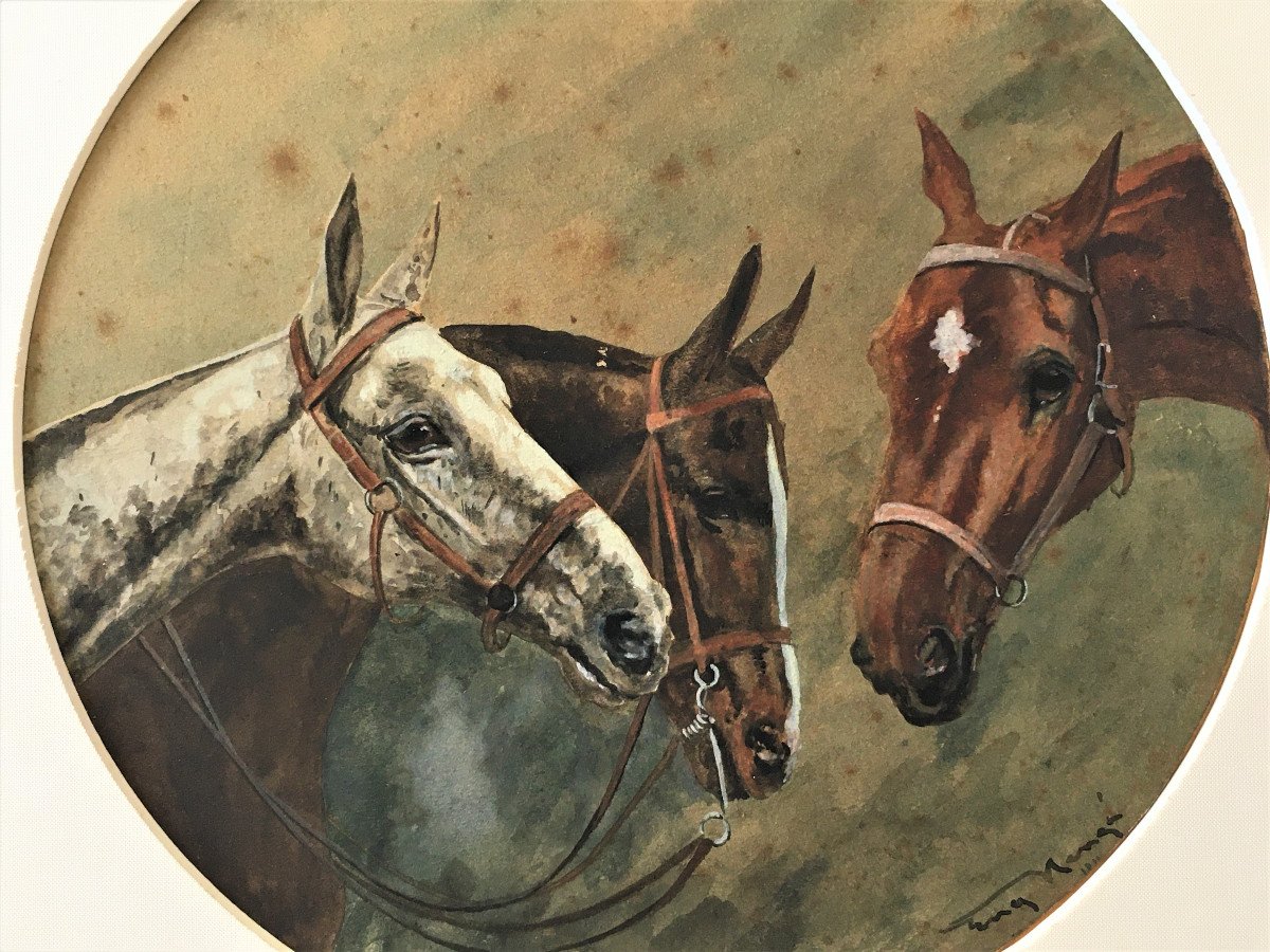 Watercolor Three Portraits Of Horses, Signature To Be Identified, Late 19th Early 20th-photo-4
