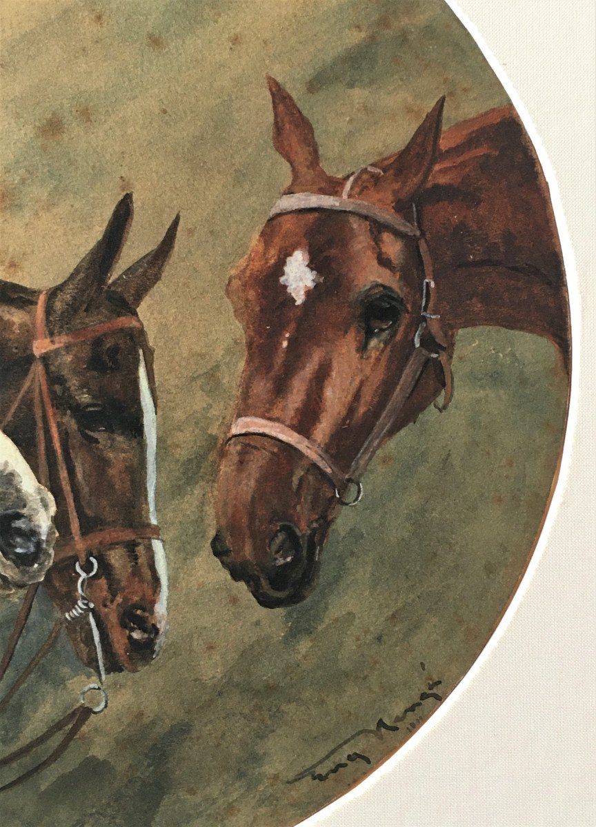 Aquarelle trois portraits de chevaux, signature à identifier, fin 19ème début 20ème -photo-1