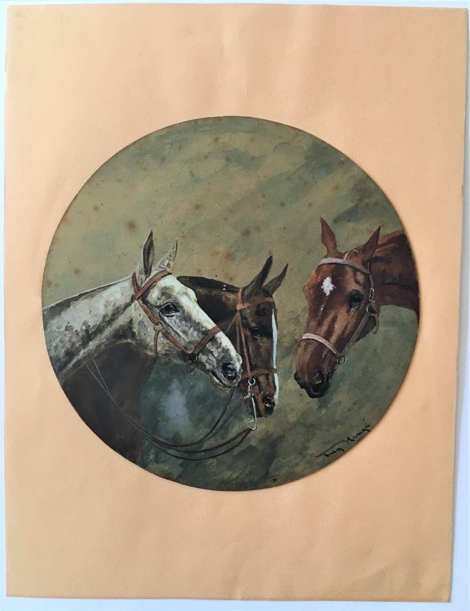 Aquarelle trois portraits de chevaux, signature à identifier, fin 19ème début 20ème -photo-3