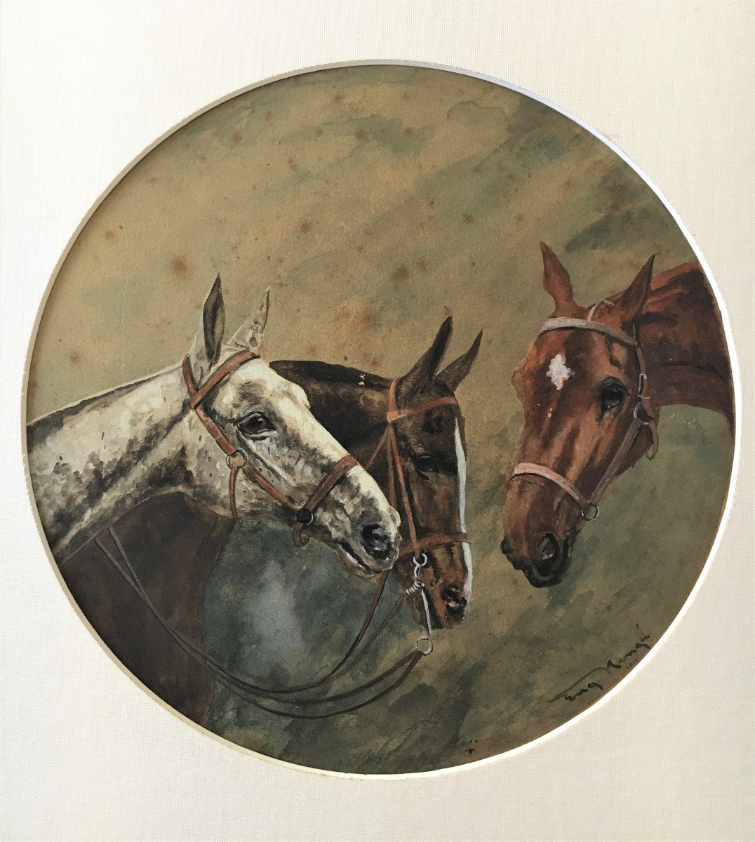 Aquarelle trois portraits de chevaux, signature à identifier, fin 19ème début 20ème 