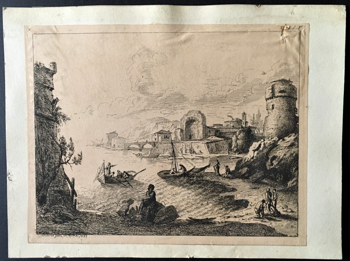 Claude Gellée Le Lorrain 1600/1682, Print Located In Rome 1633, River Landscape-photo-3