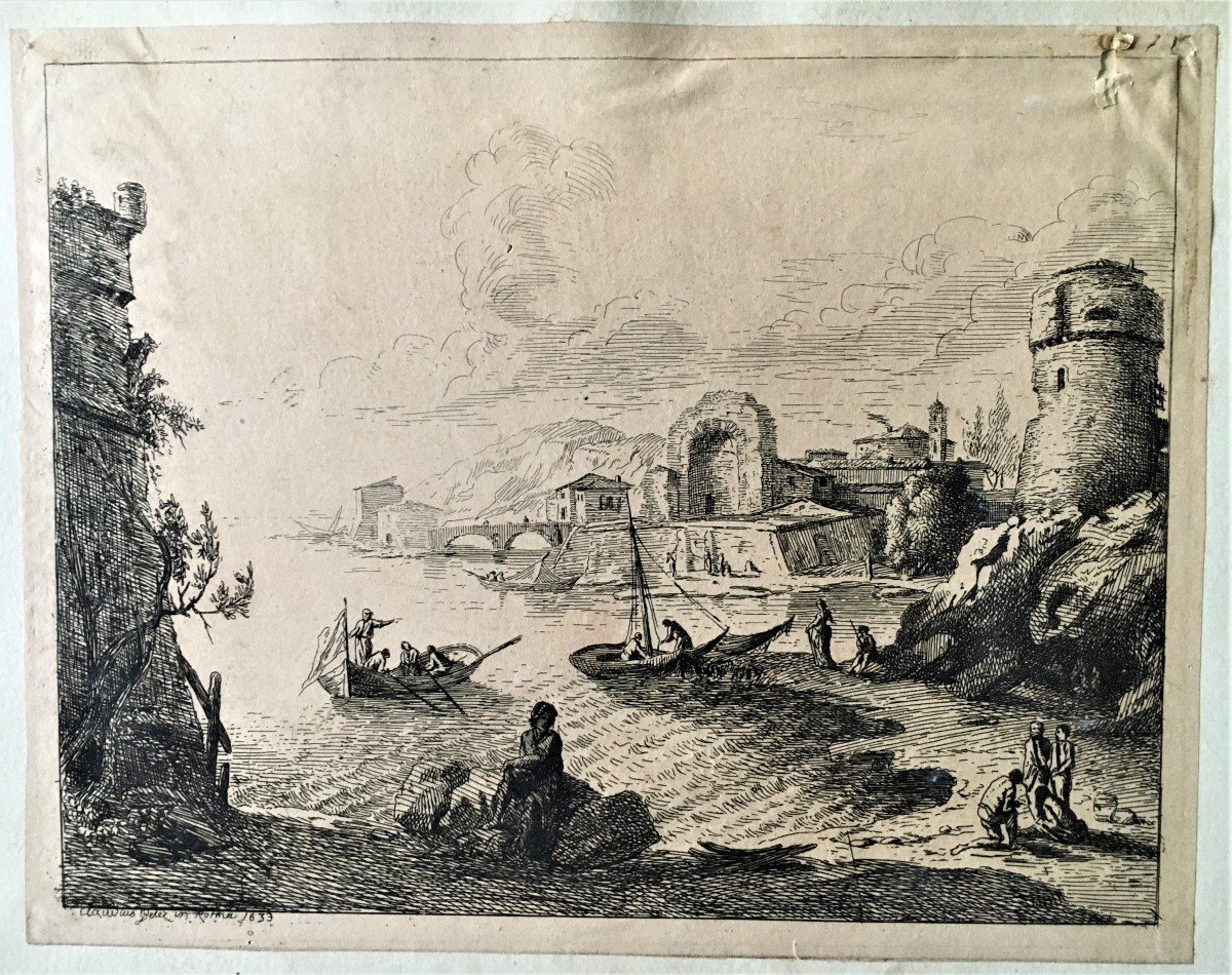 Claude Gellée Le Lorrain 1600/1682, Estampe Située à Rome 1633, Paysage Fluvial-photo-4