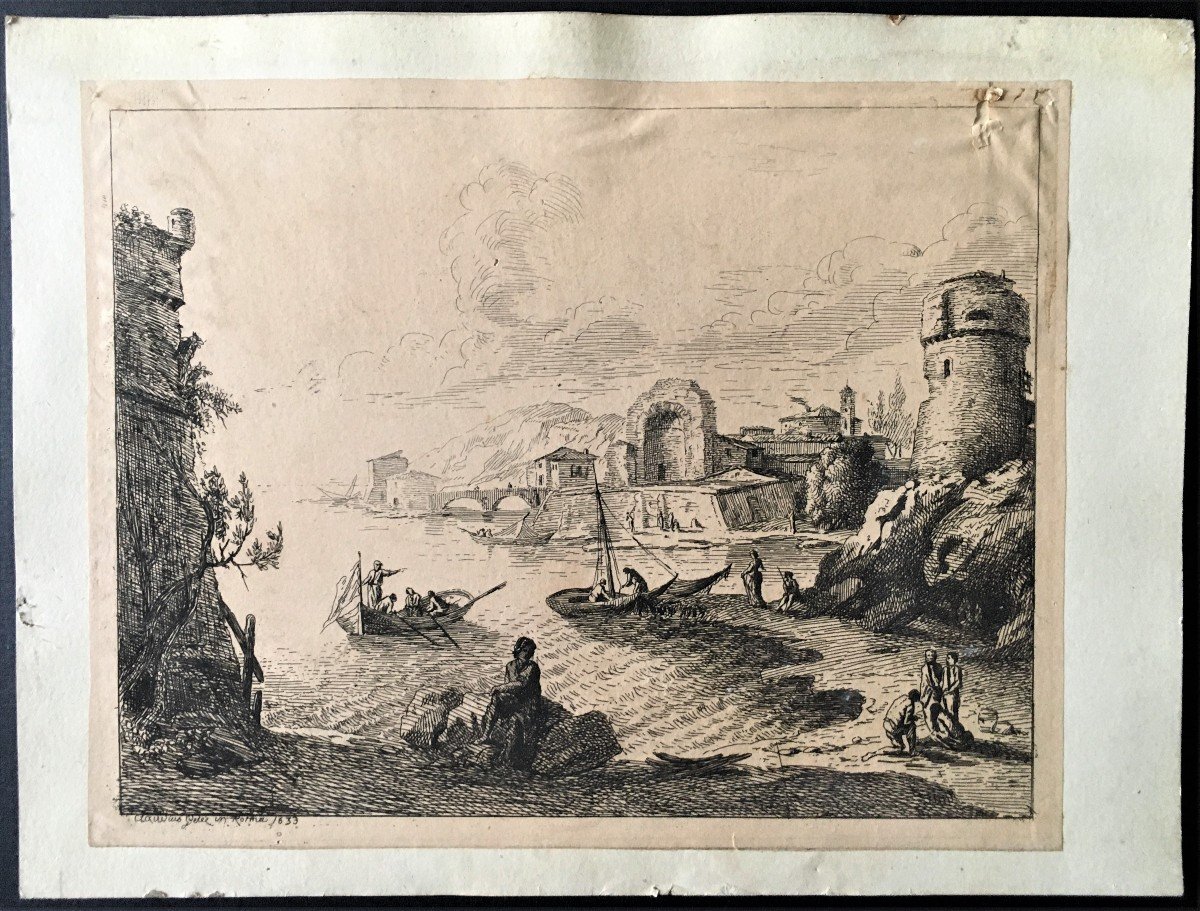 Claude Gellée Le Lorrain 1600/1682, Estampe Située à Rome 1633, Paysage Fluvial