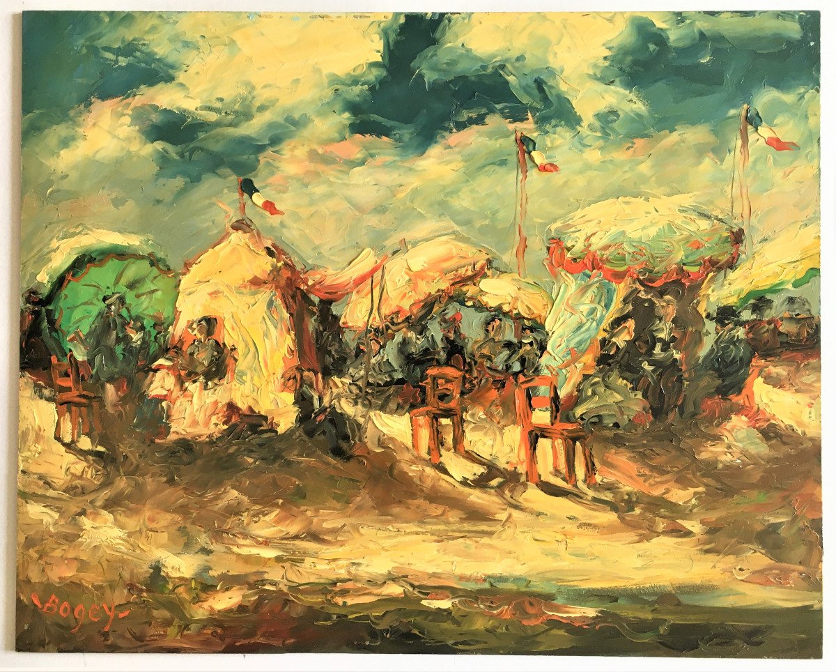 Antoine Bogey Né En 1943, "la Plage" Huile Sur Panneau.