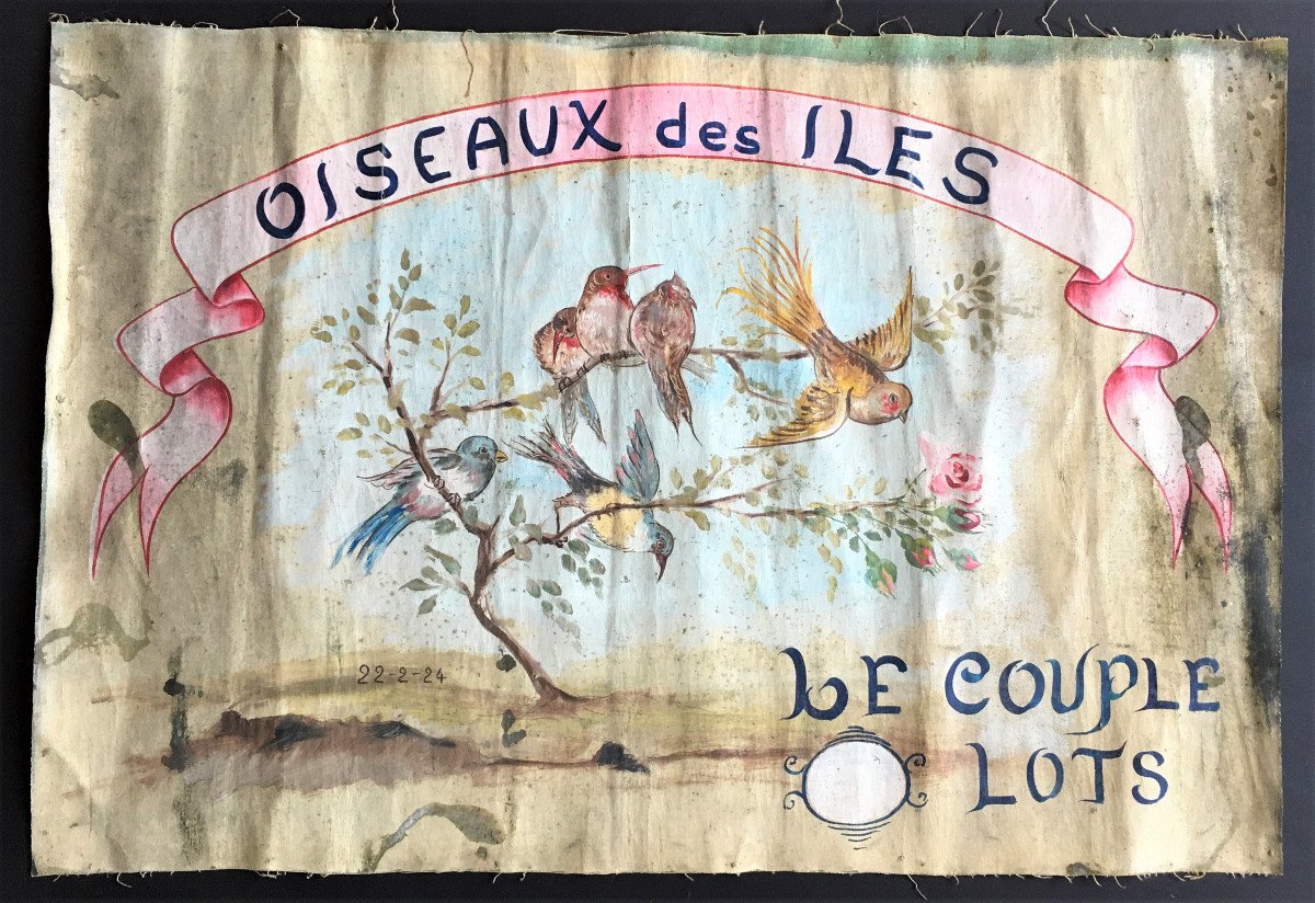 Enseigne d'Oiseleur Toile Peinte 1924, oiseaux des îles.