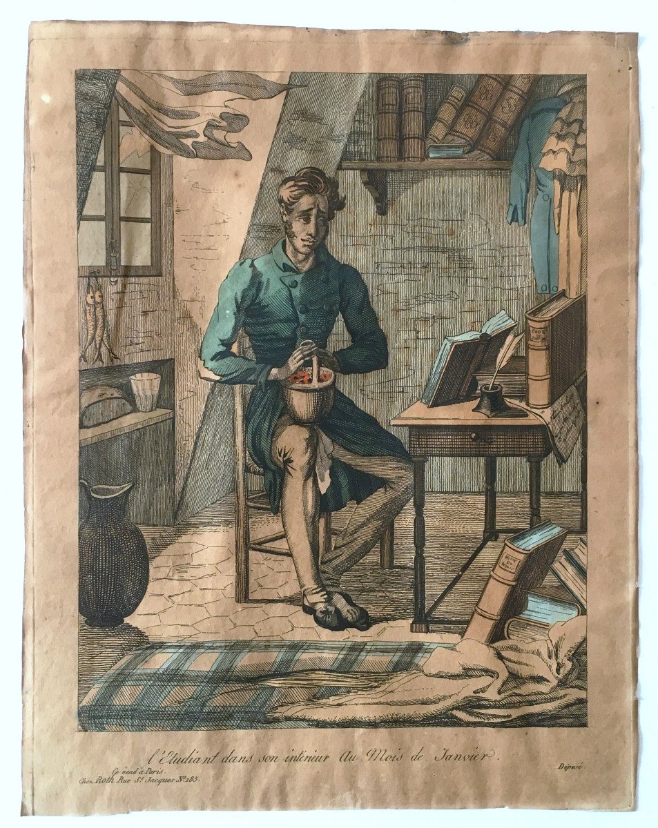 Print Around 1830 "the Student In His Interior In The Month Of January"