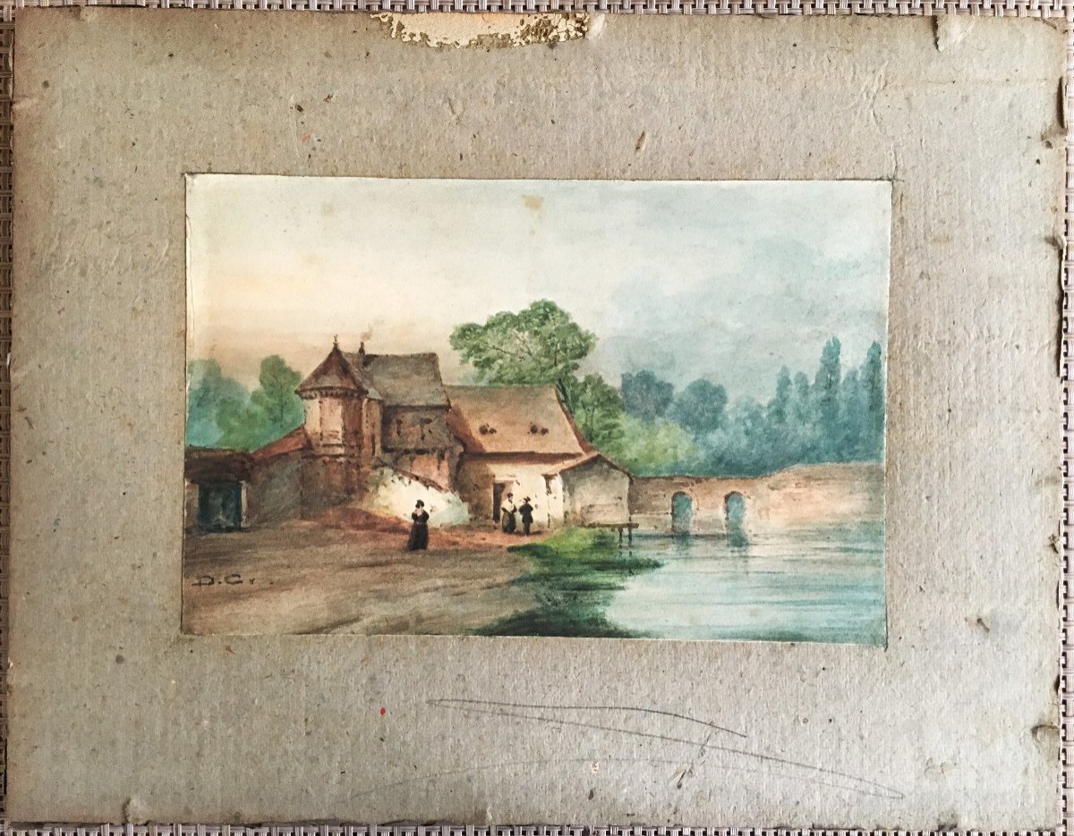 Alexandre Gabriel Decamps 1803/1860 Watercolor "landscape At The Mill"-photo-2