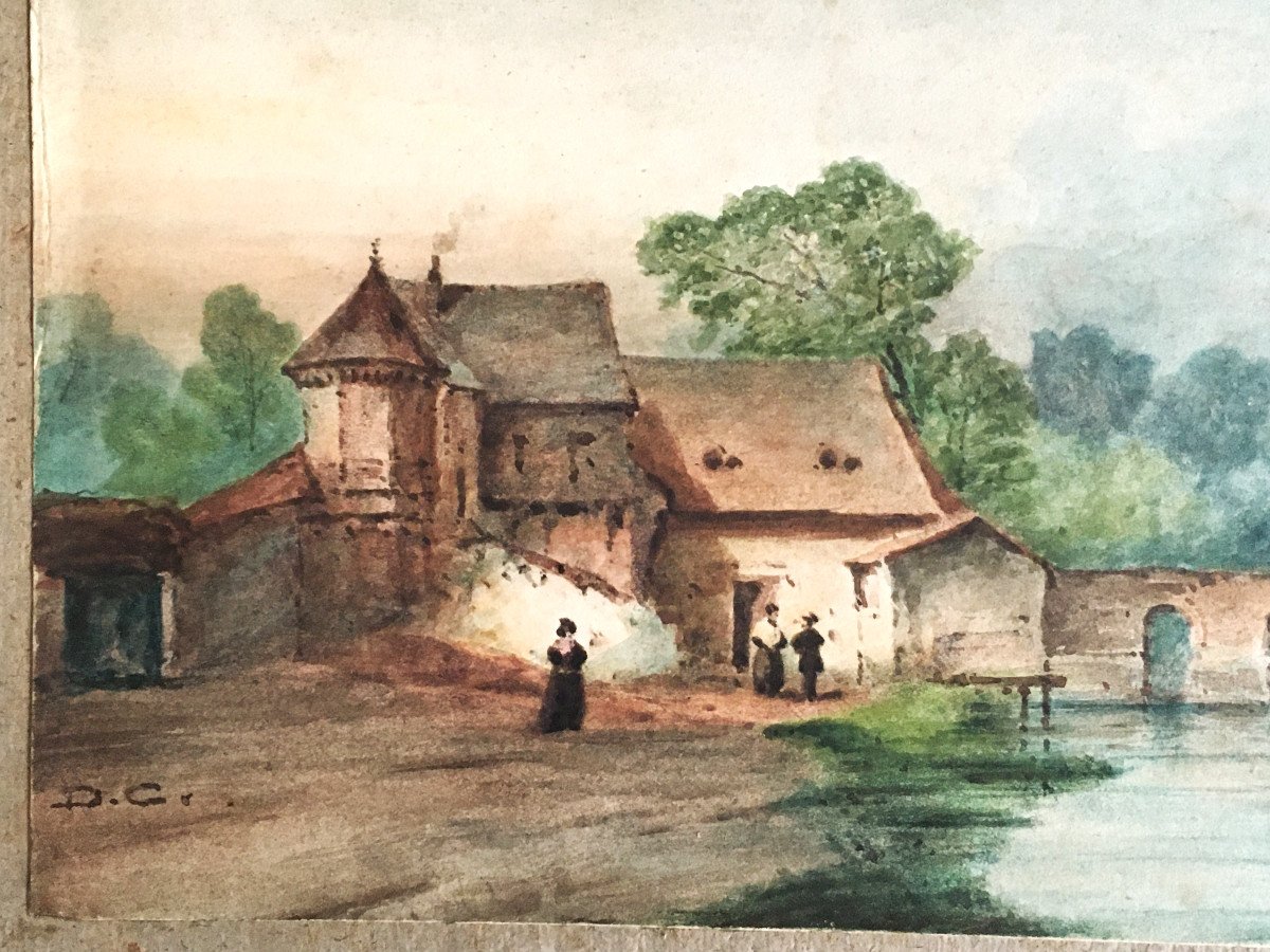 Alexandre Gabriel Decamps 1803/1860 Watercolor "landscape At The Mill"-photo-3