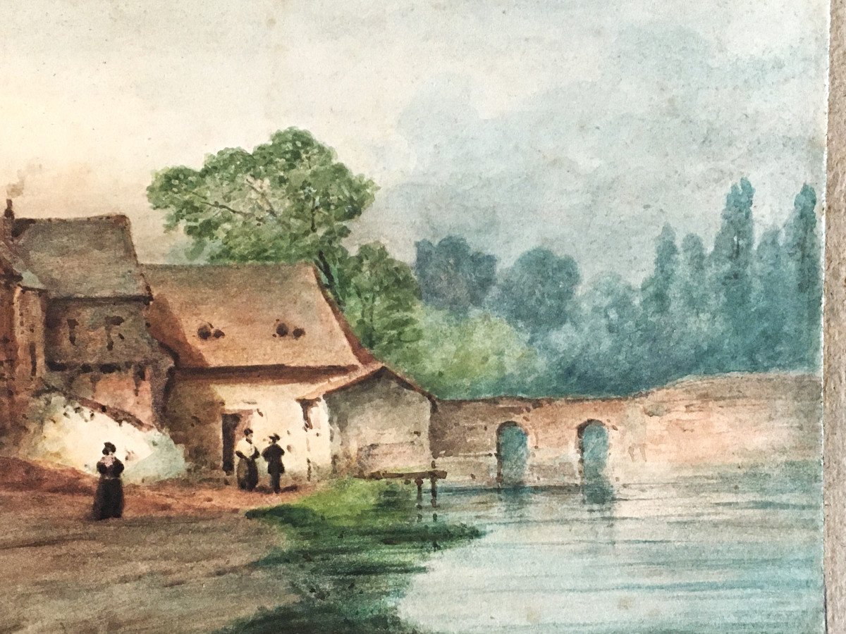 Alexandre Gabriel Decamps 1803/1860 Watercolor "landscape At The Mill"-photo-4