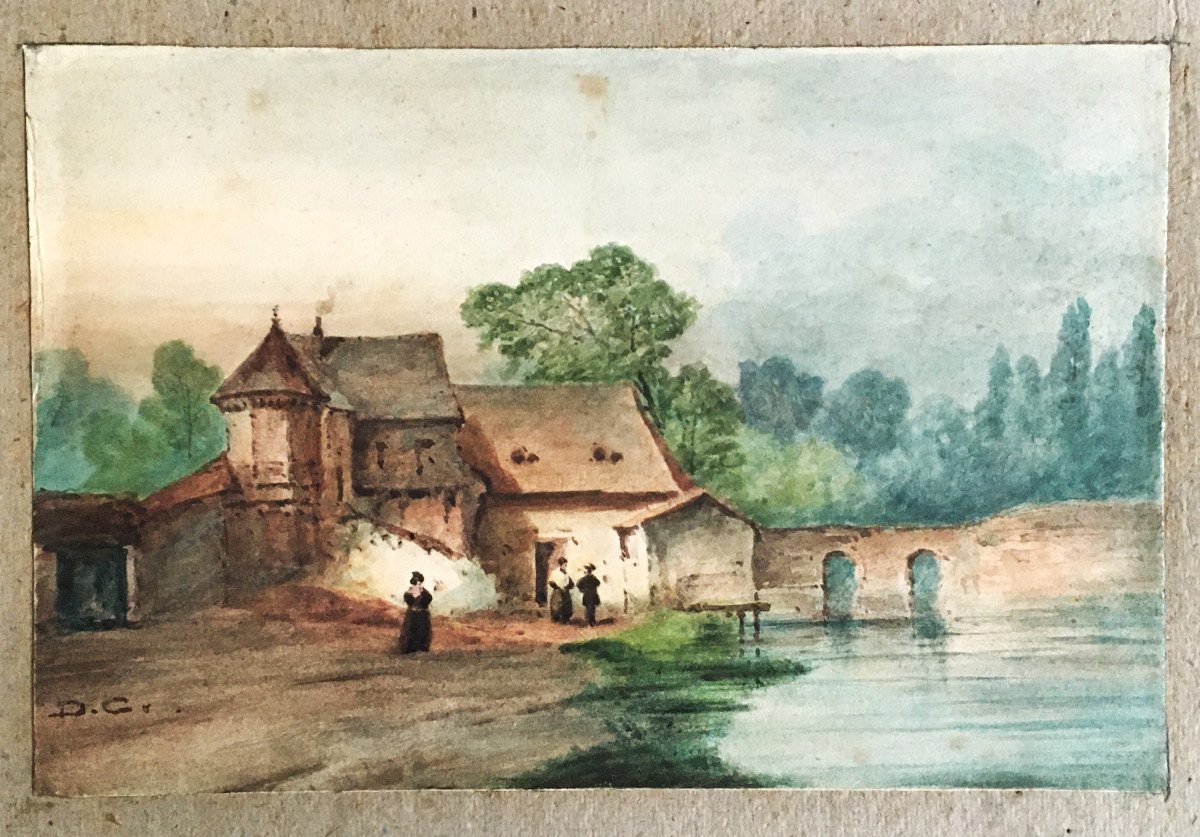 Alexandre Gabriel Decamps 1803/1860 Watercolor "landscape At The Mill"-photo-1