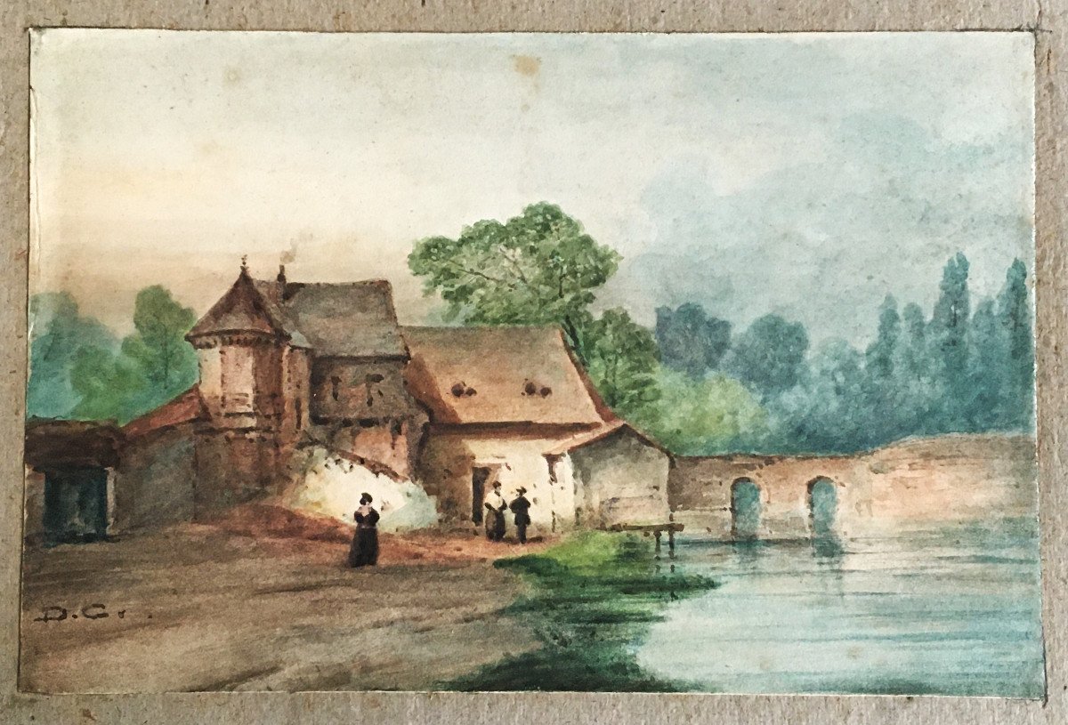 Alexandre Gabriel Decamps 1803/1860 Watercolor "landscape At The Mill"