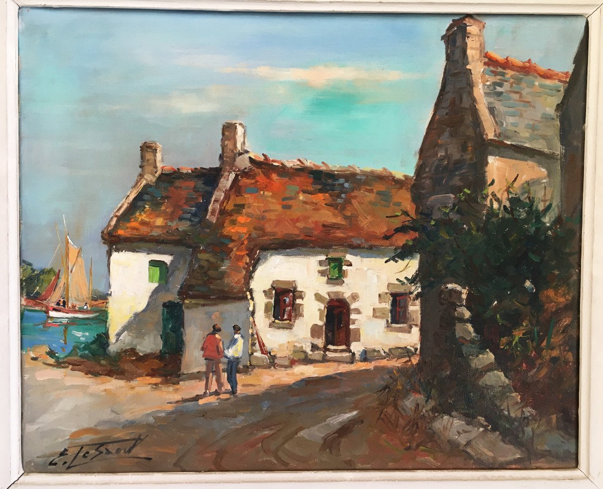 Quiberon, Brittany By Edouard Le Saout (1906/1981) Oil On Canvas "quiberon Old Houses"-photo-2