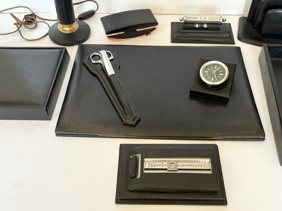 Le Tanneur Ensemble De Bureau En Cuir Noir années 70 de 11 Pièces.-photo-2
