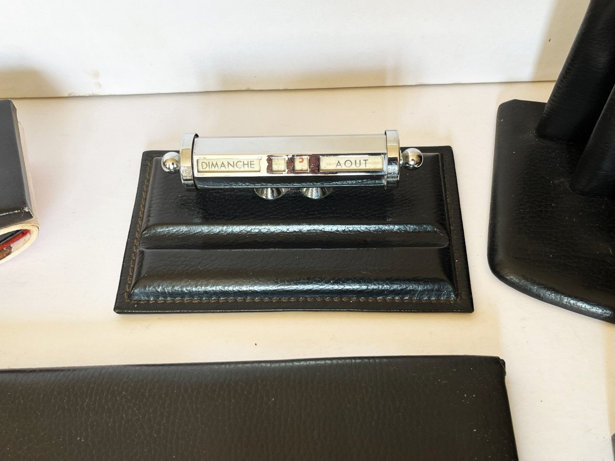 Le Tanneur Ensemble De Bureau En Cuir Noir années 70 de 11 Pièces.-photo-5