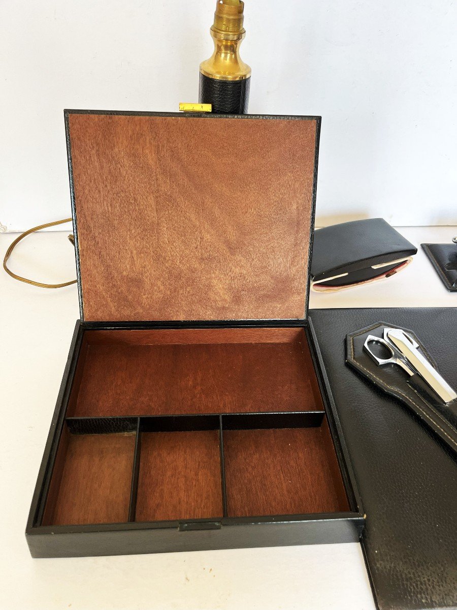 Le Tanneur Ensemble De Bureau En Cuir Noir années 70 de 11 Pièces.-photo-6