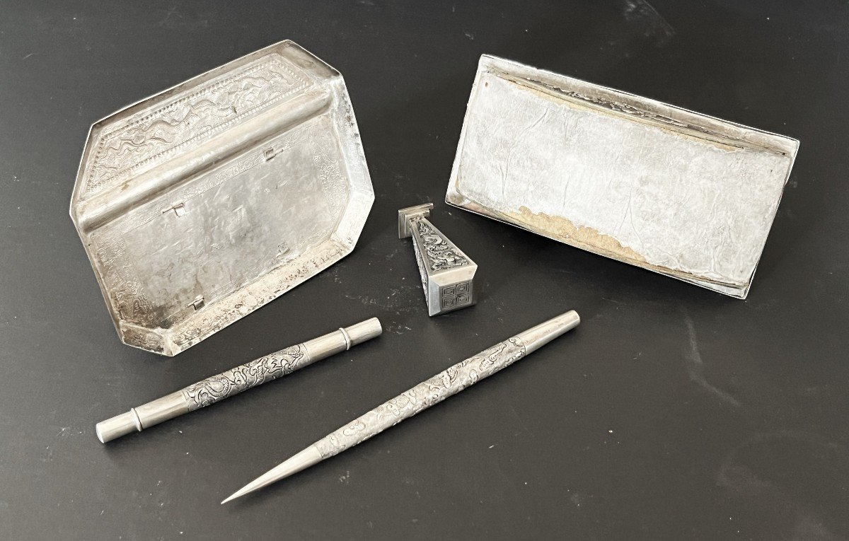 Ensemble De Bureau En Argent, Indochine,  Début 20ème-photo-6