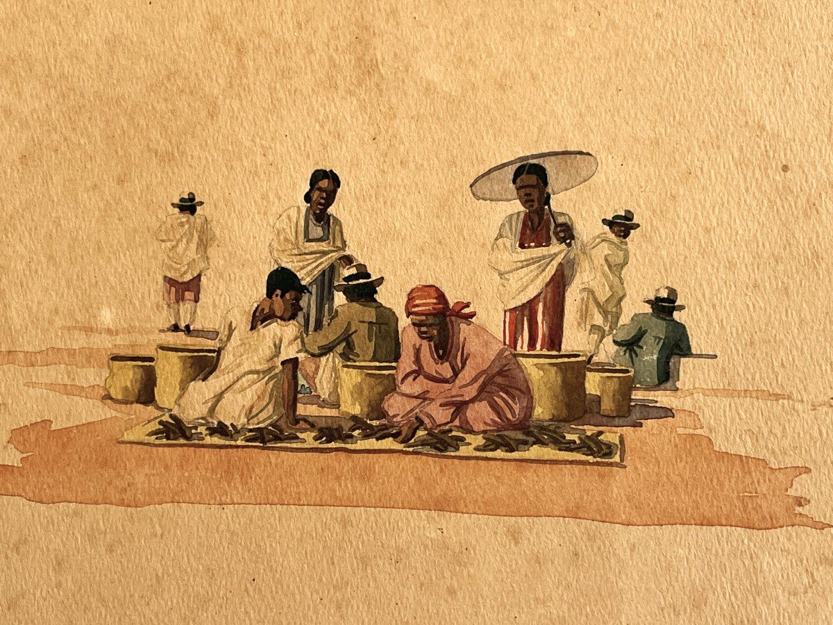 Gilbert Rakoto école Malgache "scène De Marché à Madagascar Datée 1954 Aquarelle-photo-2
